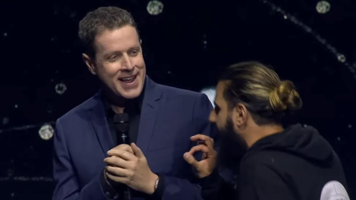  Geoff Keighley is interrupted by a stage crasher during Opening Night Live 2023. 