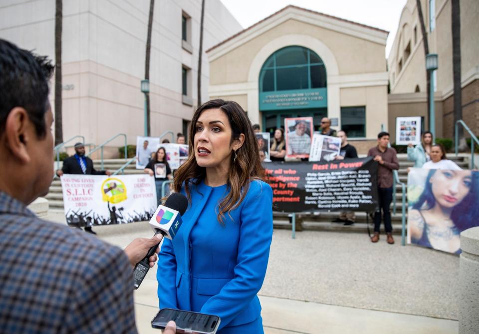 Attorney Denisse GastŽlum speaks to members of the media during a conference to announce three federal lawsuits filed against sheriff department over jail deaths in Riverside, Calif., Thursday, June 1, 2023. 