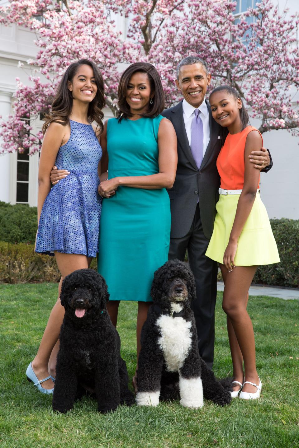 The Obamas with Bo and Sunny in the Rose Garden of the White House in 2015.
