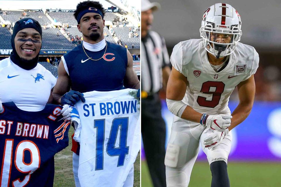 <p>Quinn Harris/Getty ; Jordon Kelly/Icon Sportswire/Getty</p>  Amon-Ra St. Brown and Equanimeous St. Brown pose with each others jersey at Soldier Field on November 13, 2022 in Chicago, Illinois. ; Osiris St. Brown during a college football game between the Stanford Cardinal and the USC Trojans on September 07, 2019.
