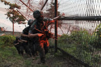 South Korean Marines patrol on Yeonpyeong Island, South Korea, Tuesday, June 16, 2020. North Korea blew up an inter-Korean liaison office building just north of the heavily armed border with South Korea on Tuesday in a carefully choreographed display of anger that sharply raises tensions on the Korean Peninsula and puts pressure on Washington and Seoul amid deadlocked nuclear diplomacy. (Kim In-chul/Yonhap via AP)