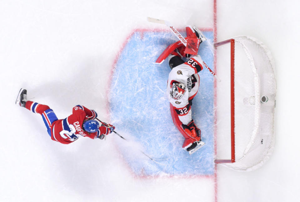 Canadiens rookie Cole Caufield tallied his first NHL goal in thrilling fashion versus the Senators on Saturday night. (Getty Images)