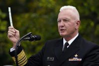 Adm. Brett Giroir, assistant secretary of Health and Human Services, holds a swab manufactured by Puritan Medical Products as he talks about a new COVID-19 test during a event with President Donald Trump about coronavirus testing in the Rose Garden of the White House, Monday, Sept. 28, 2020, in Washington. (AP Photo/Evan Vucci)