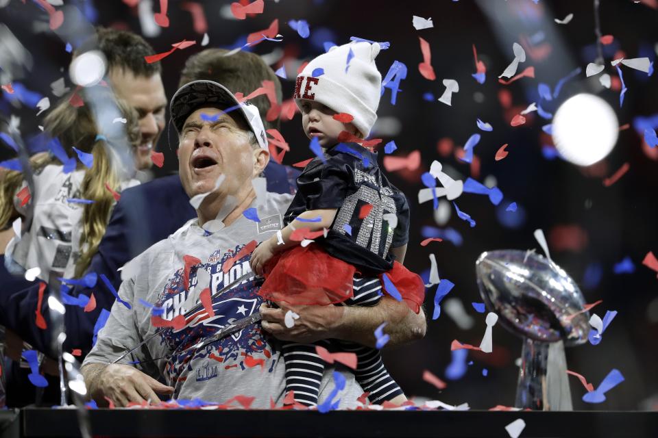 New England Patriots head coach Bill Belichick celebrates in the confetti after the NFL Super Bowl 53 football game against the Los Angeles Rams, Sunday, Feb. 3, 2019, in Atlanta. The Patriots won 13-3. (AP Photo/John Bazemore)