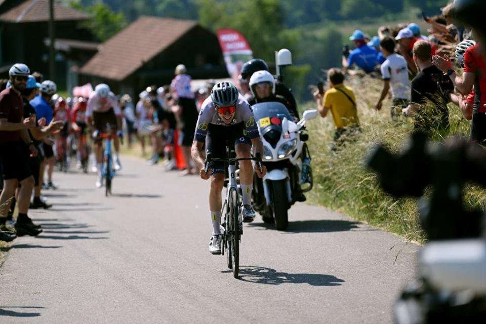 NOTTWIL SWITZERLAND  JUNE 12 Nickolas Zukowsky of Canada and Q365 Pro Cycling Team attacks in the breakaway during the 86th Tour de Suisse 2023 Stage 2 a 1737km stage from Beromnster to Nottwil  UCIWT  on June 12 2023 in Nottwil Switzerland Photo by Dario BelingheriGetty Images