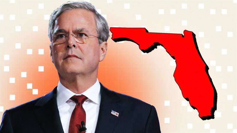 Jeb Bush next to a red outline of Florida against an orange and white patterned background