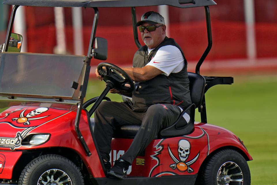 Tampa Bay Buccaneers head coach Bruce Arians watches during an NFL football practice Tuesday, July 27, 2021, in Tampa, Fla.