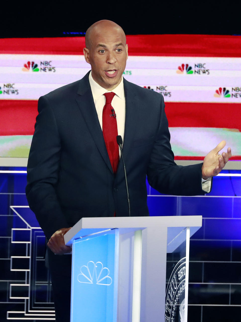 Democratic presidential candidate Sen. Cory Booker, D-N.J., speaks during the Democratic primary debate hosted by NBC News at the Adrienne Arsht Center for the Performing Art, Wednesday, June 26, 2019, in Miami. (AP Photo/Wilfredo Lee)