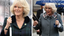 <p>Not much has changed for the Duchess of Cornwall – she’s still a fan of tartan, and unfortunately still gets caught up in the British rain. Photo: Getty </p>