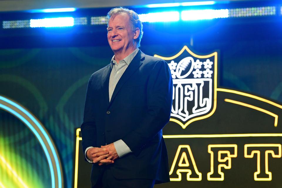 NFL commissioner Roger Goodell looks on during the first round of the 2022 NFL draft.