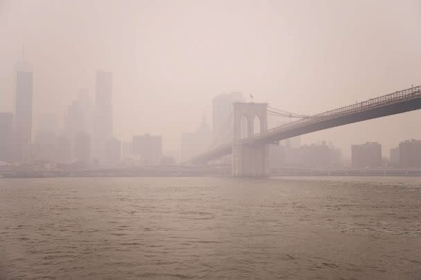 PHOTO: The Lower Manhattan skyline and Brooklyn Bridge are obscured by hazy skies, June 7, 2023, in New York. (Scott Heins/Getty Images)