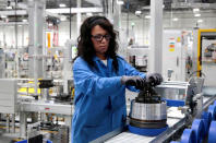 General Motors production worker Dina Mays works on the 10-speed transmission assembly at the General Motors (GM) Powertrain Transmission plant in Toledo, Ohio, U.S. March 6, 2019. REUTERS/Rebecca Cook/Files
