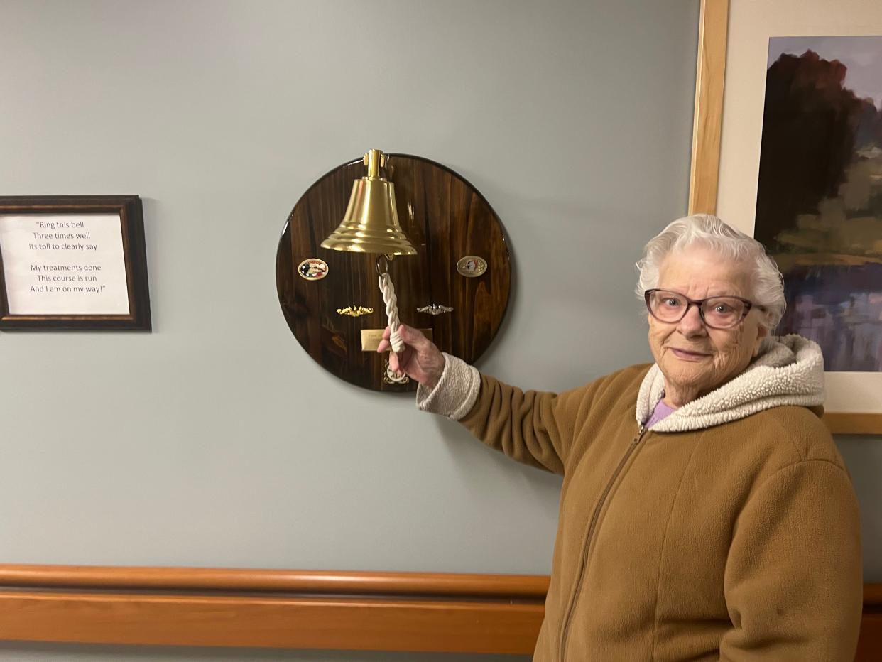 Eagles member Connie Matthews recently completed her cancer treatments at Wentworth-Douglass and was able to “ring the bell” – a tradition for all patients who have completed their treatment.