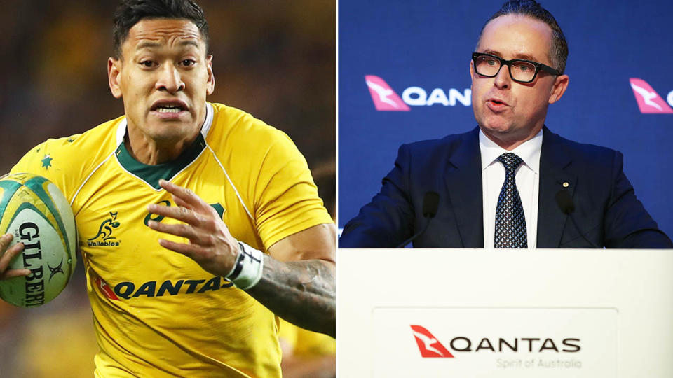 Israel Folau and Alan Joyce. Image: Getty