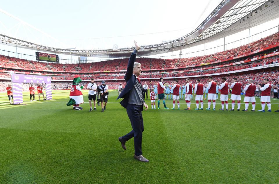 <p>Arsene Wenger of Arsenal waves during the Premier League match between Arsenal and Burnley at Emirates Stadium on May 6, 2018 in London, England. (Photo by Stuart MacFarlane/Arsenal FC via Getty Images) </p>