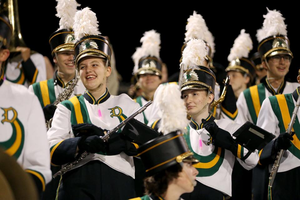 The Dover High School band performs during a game.