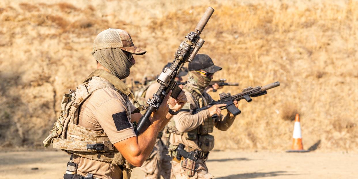 Members of U.S. Naval Special Warfare Task Unit Europe (NSWTU-E) reload their Colt Mk 18 Carbines during shooting drills at a range in Cyprus, September 29, 2021.