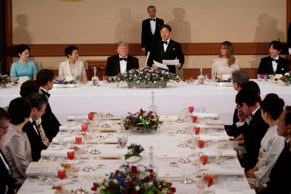 Japanese Emperor Naruhito speaks during a State Banquet attended by President Donald Trump and first lady Melania Trump at the Imperial Palace, Monday, May 27, 2019, in Tokyo.