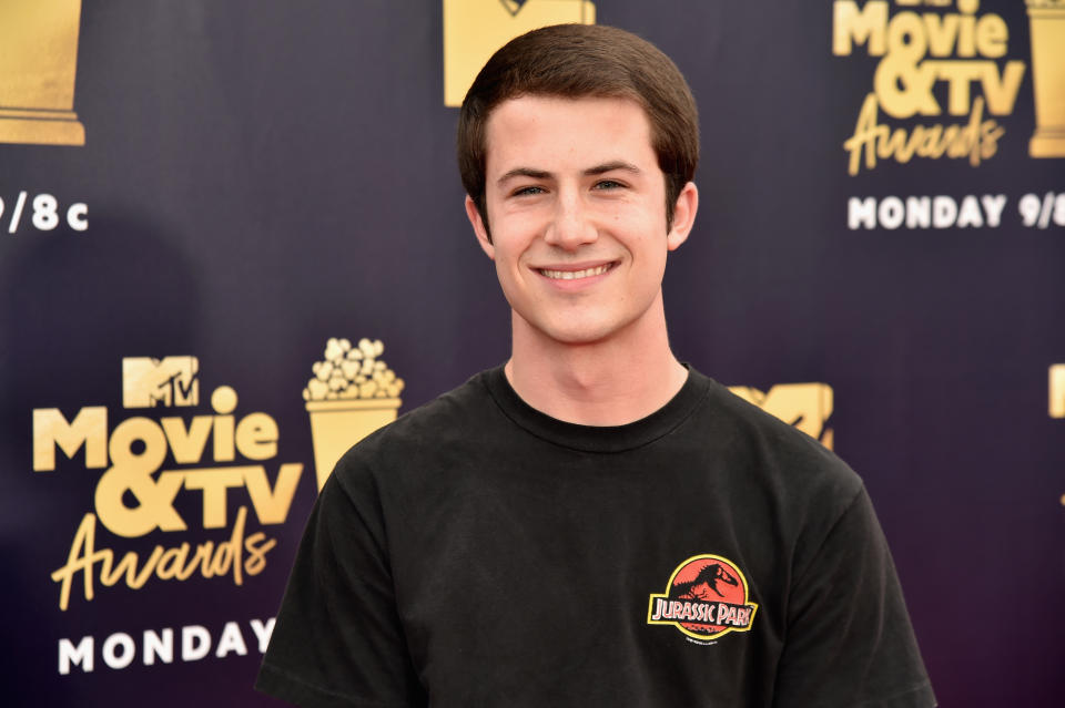 SANTA MONICA, CA - JUNE 16:  Actor Dylan Minnette attends the 2018 MTV Movie And TV Awards at Barker Hangar on June 16, 2018 in Santa Monica, California.  (Photo by Jeff Kravitz/FilmMagic)