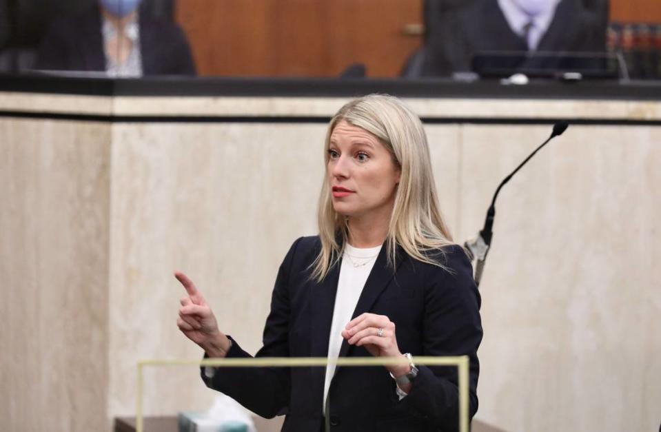 Defense attorney Alicia Goode delivers opening arguments during the trial of Nathaniel Rowland on Tuesday, July 20, 2021.