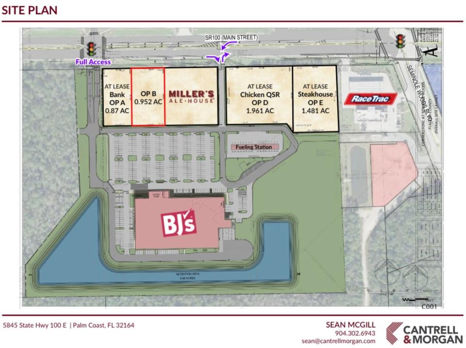 This is a screenshot of a site plan for the future Cornerstone at Seminole Woods shopping center now under construction along the south side of State Highway 100 East in Palm Coast, across from Tom Gibbs Chevrolet, show that its tenants will include BJ's Wholesale Club, Miller's Ale House, a steakhouse, a chicken quick-service restaurant and a bank branch. As of Nov. 7, 2023, one outparcel remained available, according to the site plan which is part of a brochure for the project on the website for commercial real estate firm Cantrell & Morgan.