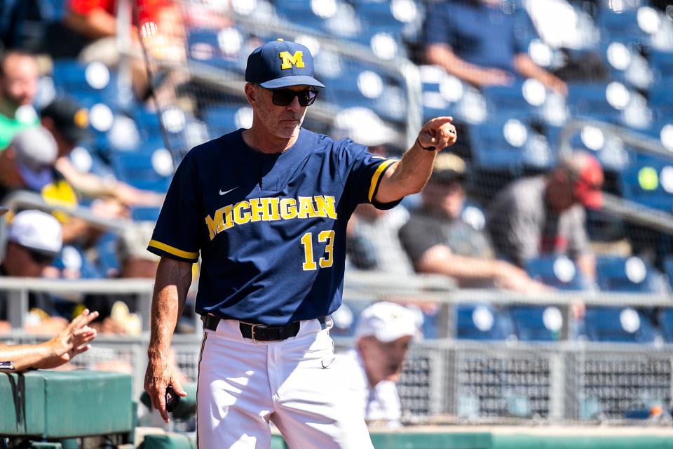 Michigan head coach Tracy Smith gestures during a semifinal game of the Big Ten Baseball Tournament against Iowa, Saturday, May 27, 2023, at Charles Schwab Field in Omaha, Neb.