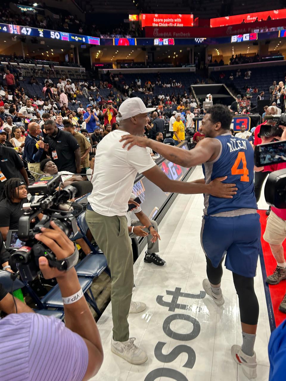 Memphis basketball coach Penny Hardaway and former Grizzlies star Tony Allen embrace after a BIG3 game at FedExForum the 3-on-3 league's stop in Memphis on Saturday July 15, 2023.