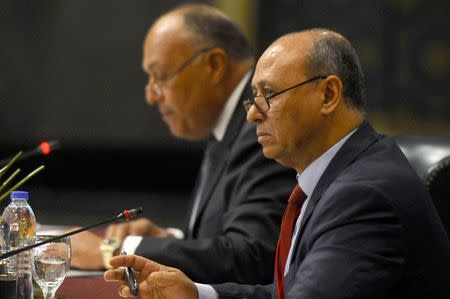 Libyan Foreign Minister Mohammed Abdel Aziz (R) and his Egyptian counterpart Sameh Shoukry (L) attend the Fourth Ministerial Meeting for the Neighbouring Countries of Libya with other Arab ministers in Cairo, August 25, 2014. REUTERS/Stringer