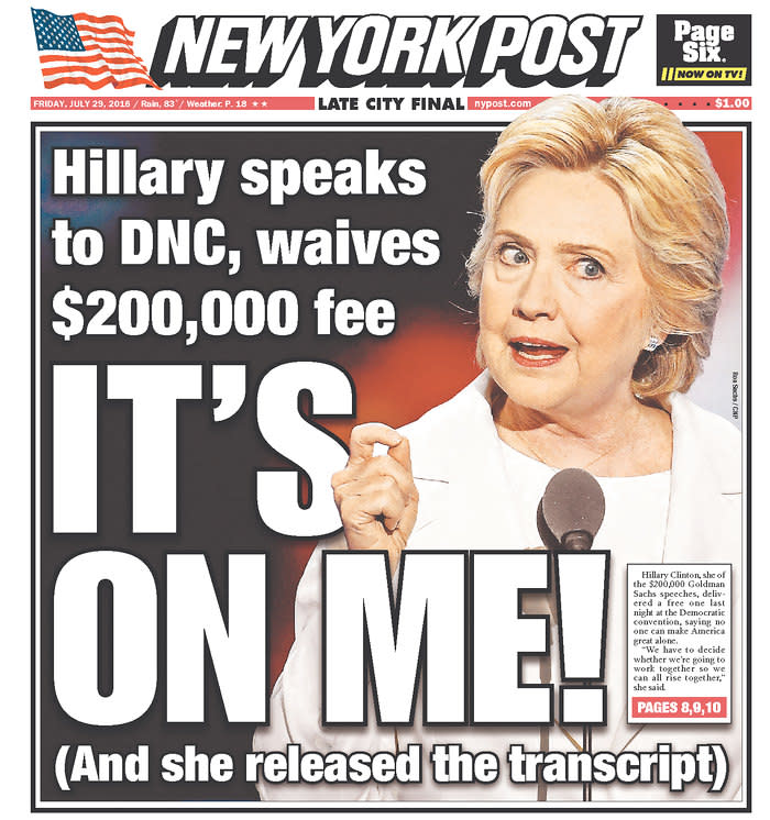 Hillary speaks to DNC, waives $200,000 fee - New York Post