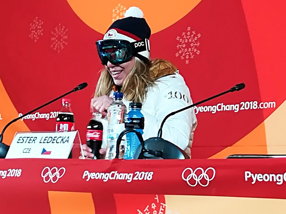 Ester Ledecka during her gold medal press conference: Getty