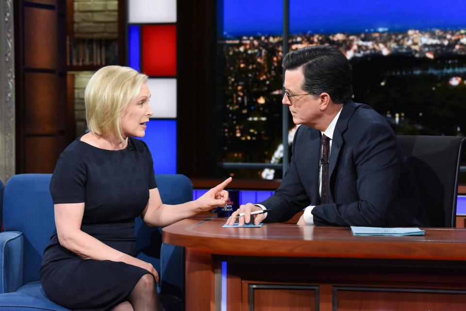 This image released by CBS shows Sen. Kirsten Gillibrand, D- N.Y. with host Stephen Colbert during a taping of "The Late Show With Stephen Colbert," Tuesday, Jan. 15, 2019 in New York.