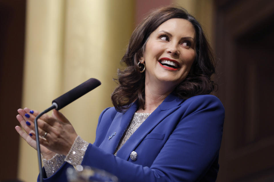Michigan Gov. Gretchen Whitmer delivers her State of the State address to a joint session of the House and Senate, Wednesday, Jan. 24, 2024, at the state Capitol in Lansing, Mich. (AP Photo/Al Goldis)