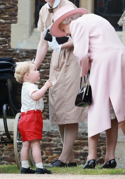 PHOTO: Queen Elizabeth II and Prince George leave the Church of St Mary Magdalene on the Sandringham Estate for the Christening of Princess Charlotte of Cambridge, July 5, 2015, in King's Lynn, England. (Chris Jackson/Getty Images)