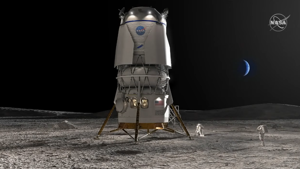  a very tall lander illustrated on the surface of the moon with grey terrain surrounding and two astronauts on the surface. the crescent earth is in behind 