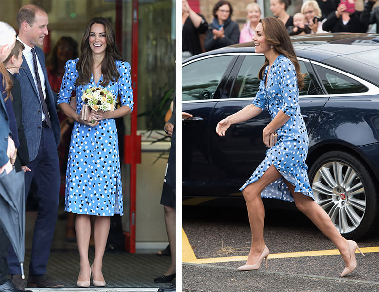 The Duchess of Cambridge in a blue print Altuzarra dress