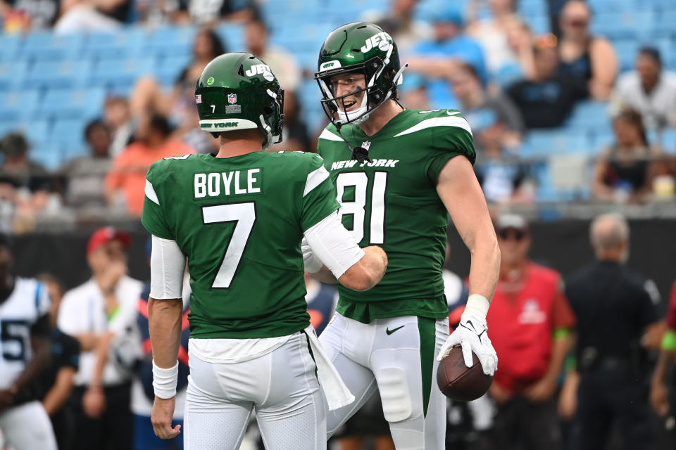 Aug 12, 2023; Charlotte, North Carolina, USA; New York Jets tight end Zack Kuntz (81) reacts with quarterback <a class="link " href="https://sports.yahoo.com/nfl/players/31431/" data-i13n="sec:content-canvas;subsec:anchor_text;elm:context_link" data-ylk="slk:Tim Boyle;sec:content-canvas;subsec:anchor_text;elm:context_link;itc:0">Tim Boyle</a> (7) after scoring a touchdown in the fourth quarter at Bank of America Stadium. Mandatory Credit: Bob Donnan-USA TODAY Sports