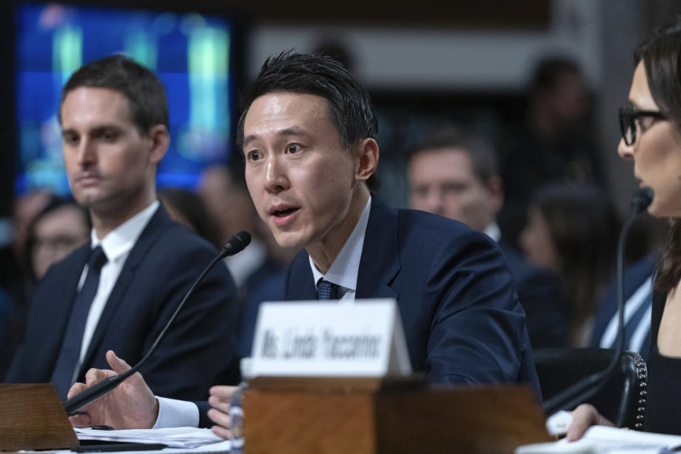 TikTok CEO Shou Zi Chew speaks during a Senate Judiciary Committee hearing with other social media platform heads on Capitol Hill in Washington, Wednesday, Jan. 31, 2024, to discuss child safety online.(AP Photo/Jose Luis Magana)