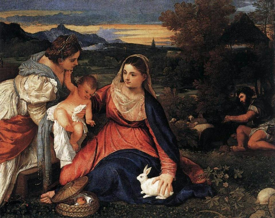 ‘The Madonna of the Rabbit,’ a painting from 1530, depicting the Virgin Mary with a rabbit. <a href="https://upload.wikimedia.org/wikipedia/commons/a/ab/Tizian_018.jpg" rel="nofollow noopener" target="_blank" data-ylk="slk:A painting by artist Titian (1490-1576), Louvre Museum, Paris.;elm:context_link;itc:0;sec:content-canvas" class="link ">A painting by artist Titian (1490-1576), Louvre Museum, Paris.</a>