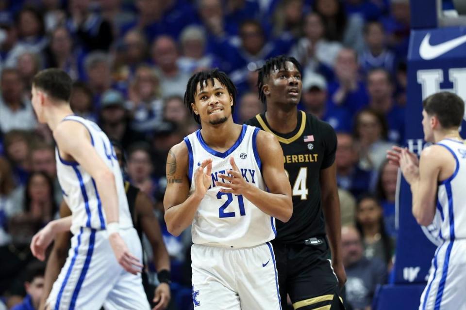 Kentucky guard D.J. Wagner (21) celebrates after a Vanderbilt turnover during Wednesday’s game at Rupp Arena.