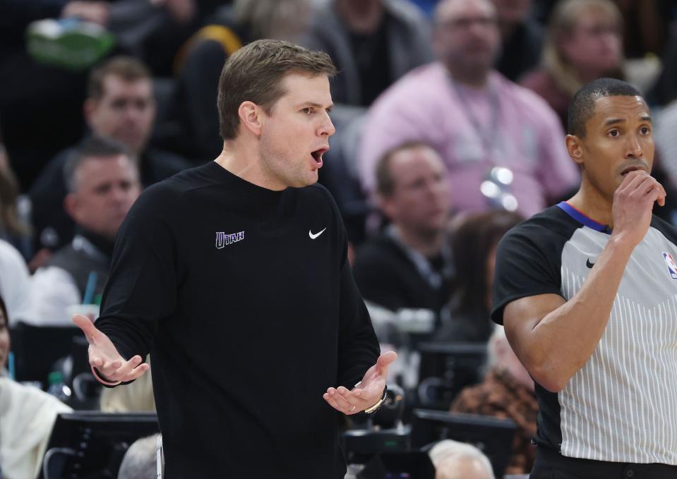 Utah Jazz coach Will Hardy argues a call in Salt Lake City on Monday, Dec. 18, 2023. The Jazz won 125-108. | Jeffrey D. Allred, Deseret News