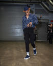 Russell Westbrook wears Two Guys’ Bow Tie Co wood brim fedora and Jordan Westbrook 0.3 Sneakers on April 16.