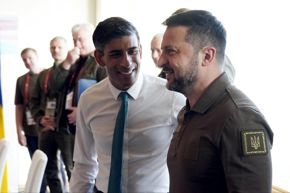 Rishi Sunak (L) and Volodymyr Zelensky during the G7 Leaders' Summit in Hiroshima on May 20 (Stefan Rousseau / AFP via Getty Images)