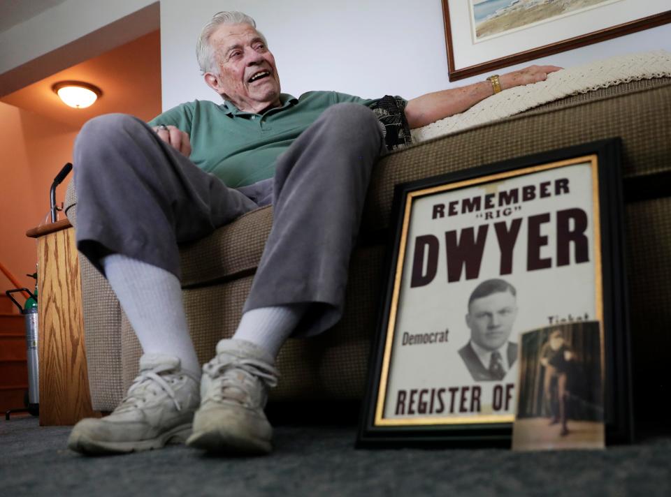 Pat Dwyer, 94, smiles as he talks about his dad, "Dutch," and uncle, Rigney, who were members of the first Green Bay Packers team. Dutch Dwyer scored the team's first-ever touchdown in a 53-0 pasting of the Menominee North End Athletic Club on Sept. 14, 1919 at Hagemeister Park.