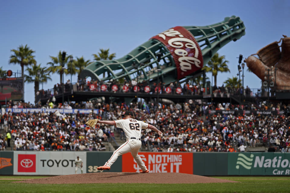 San Francisco Giants starting pitcher Logan Webb throws in the sixth inning of a baseball game against the Colorado Rockies in San Francisco, Sunday, July 9, 2023. (AP Photo/Eric Risberg)
