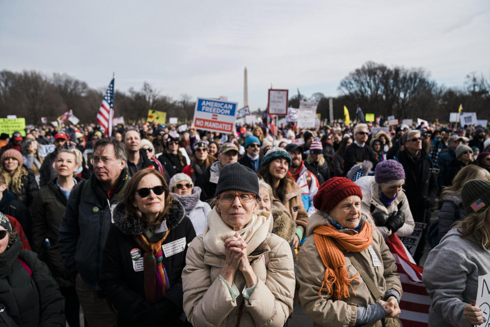 Offensive and inappropriate references to the Holocaust were rampant, including in a speech by Robert F. Kennedy Jr. that's come under fire for being antisemitic and factually wrong. Among those present at the rally were members of the Proud Boys, a violent far-right extremist group.