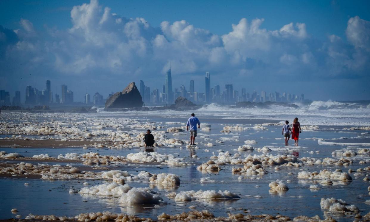 <span>The aftermath of wild weather at Currumbin beach near the Gold Coast in 2020. Climate impacts are a major threat to Australia’s tourism industry, a new report says.</span><span>Photograph: Patrick Hamilton/AFP/Getty Images</span>