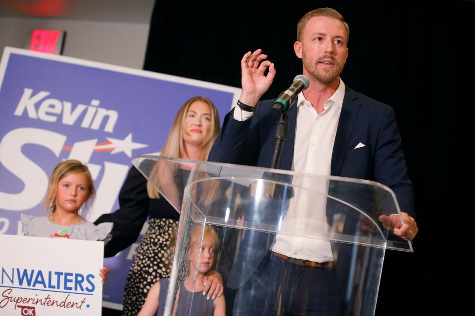 State schools superintendent candidate Ryan Walters speaks during an election watch party June 28, 2022, inside the First National Center in Oklahoma City.