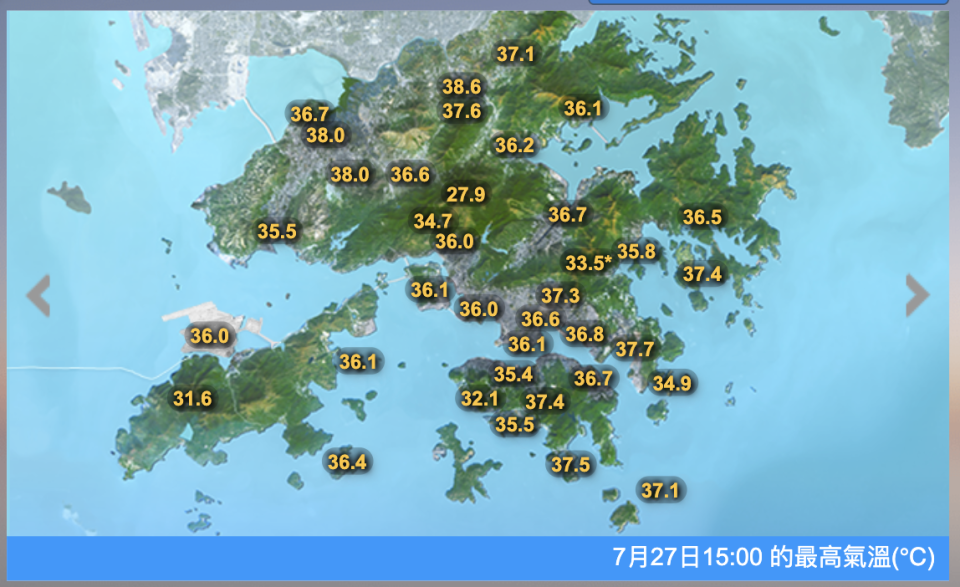 2023 年 7 月 27 日午夜至 15:00 分，各區最高氣溫。天文台錄得 36.1 度，破今年最高溫、以及有紀錄以來 7 月最高溫紀錄。上水亦錄得 38.6 度高溫。