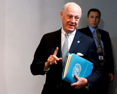 UN Special Envoy for Syria, Staffan de Mistura arrives for a news conference after the International Syria Support Group (ISSG) meeting in Munich, Germany, February 12, 2016. REUTERS/Michael Dalder