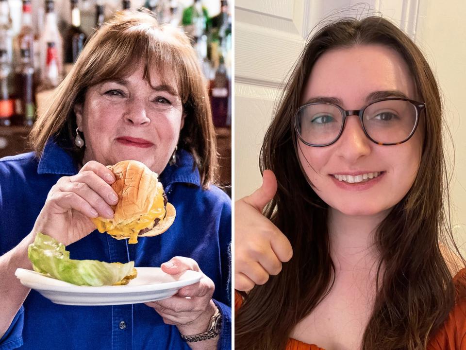 ina garten eating a burger and a photo of the author smiling